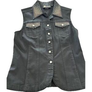 Christine Alexander Vest M Women's Black Rhinestone Detail Western Button